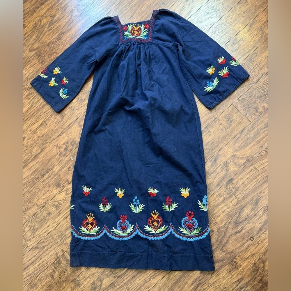 Vintage 1970s Caftan Huilpil Equador Dress Embroidered Navy Cottagecore | Small